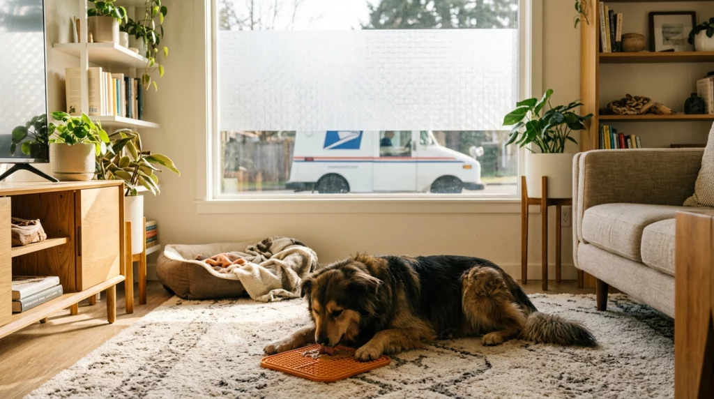 A calm dog licking a treat mat on a rug in front of a window treated with frosted privacy film.