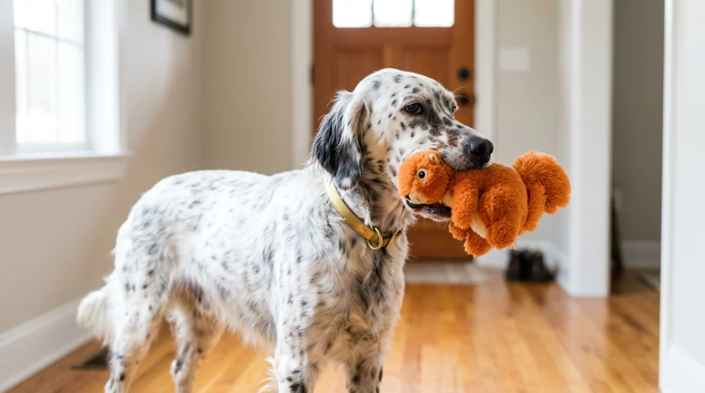 An English Setter standing by the door holding a large plush squirrel toy in its mouth, looking calm and proud.