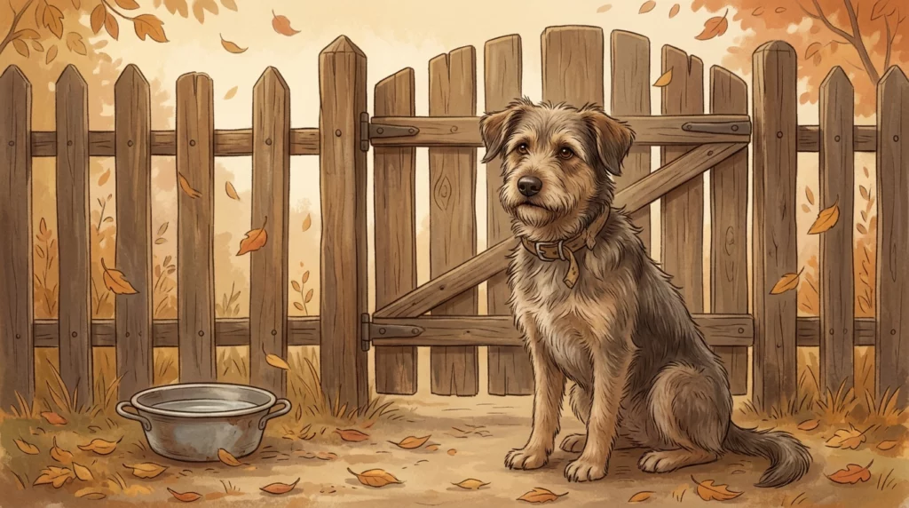A heartwarming storybook illustration of a scruffy dog waiting patiently by a rustic wooden gate under falling autumn leaves.