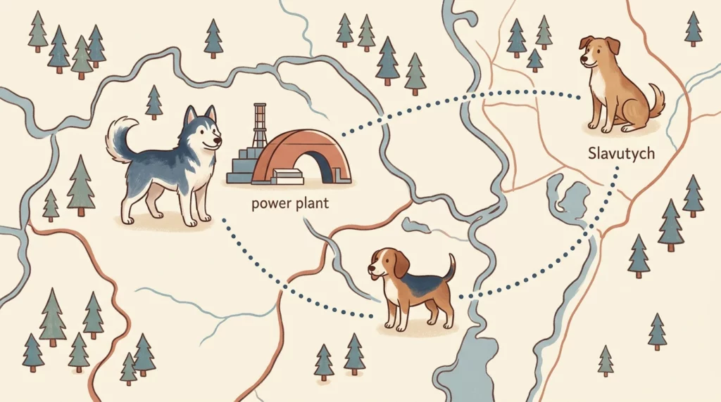 A charming storybook-style illustrative map showing three different dog characters in different zones of the Chernobyl area, connected by dotted lines.