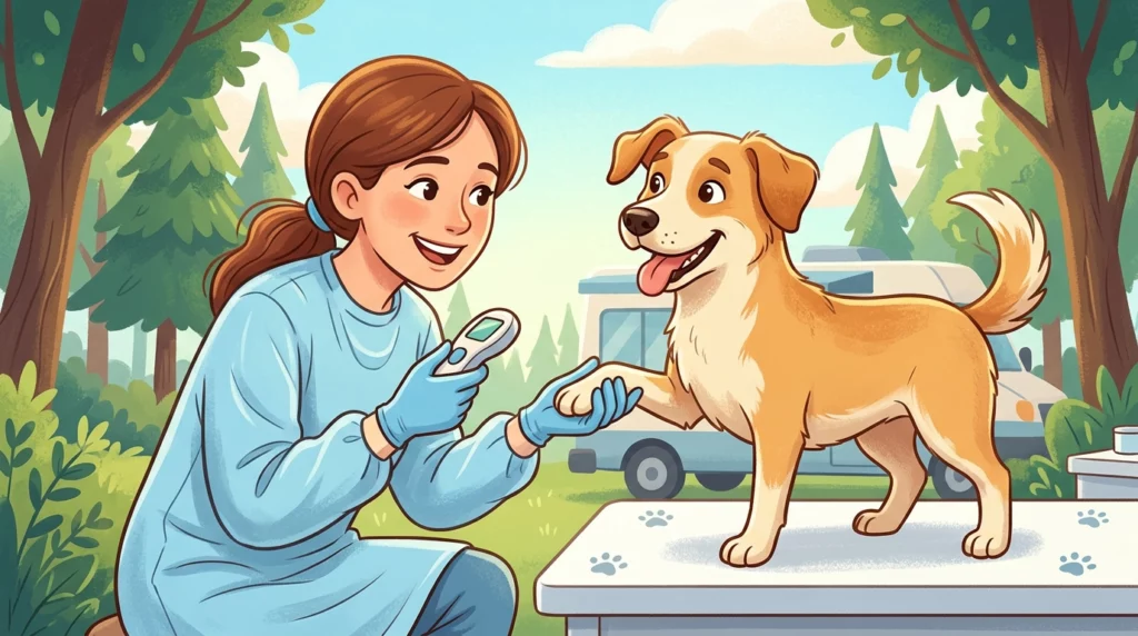 A playful illustration of a friendly veterinarian in blue scrubs gently scanning a happy dog at an outdoor clinic.