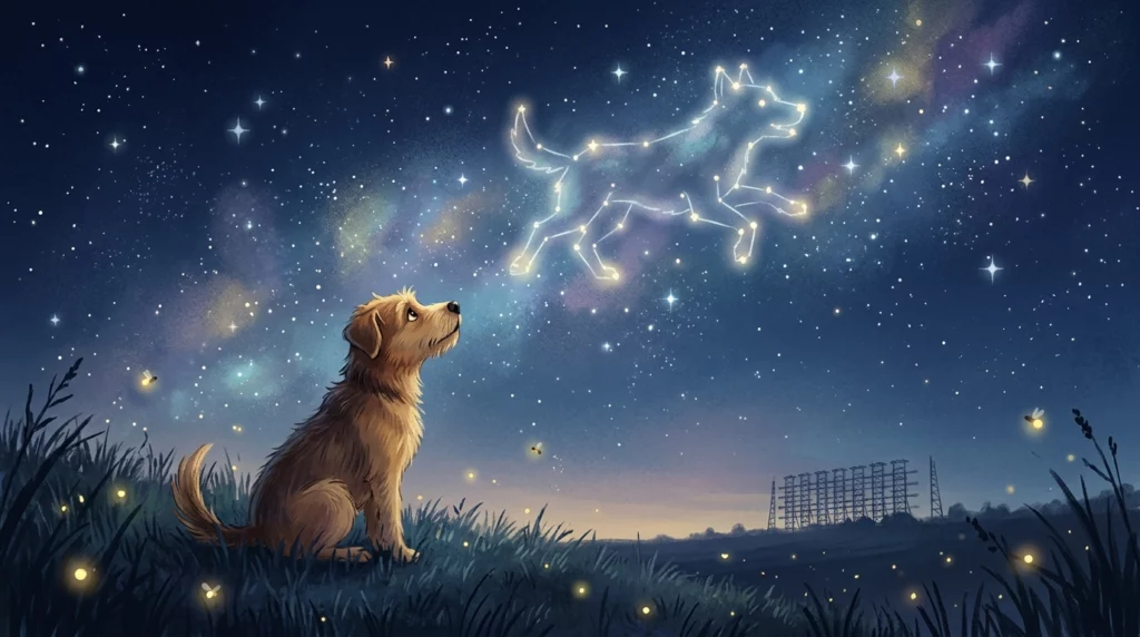 A beautiful storybook illustration of a dog looking up at a starry night sky with a constellation shaped like a dog.
