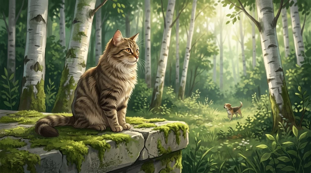 A serene storybook illustration of a fluffy cat sitting confidently on a mossy stone ledge looking out over a birch forest.