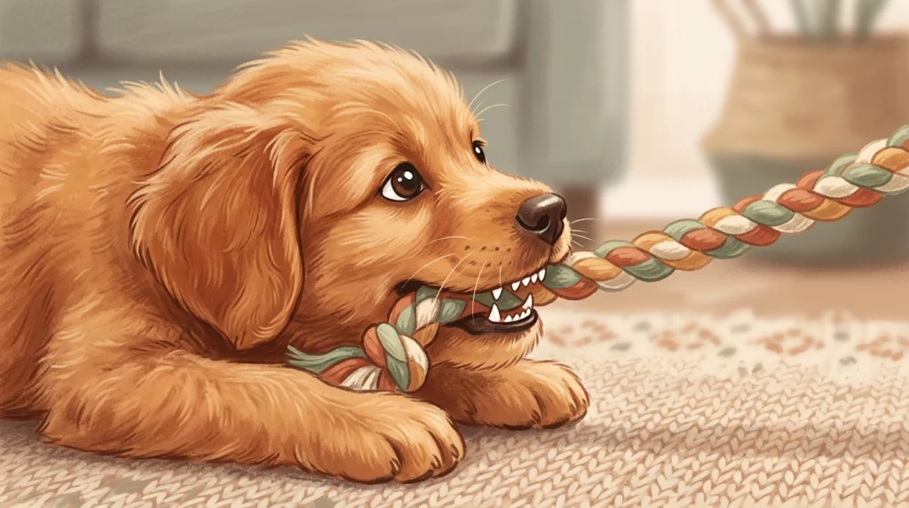 A warm storybook illustration of a playful puppy showing its tiny, sharp baby teeth while tugging a braided rope toy.
