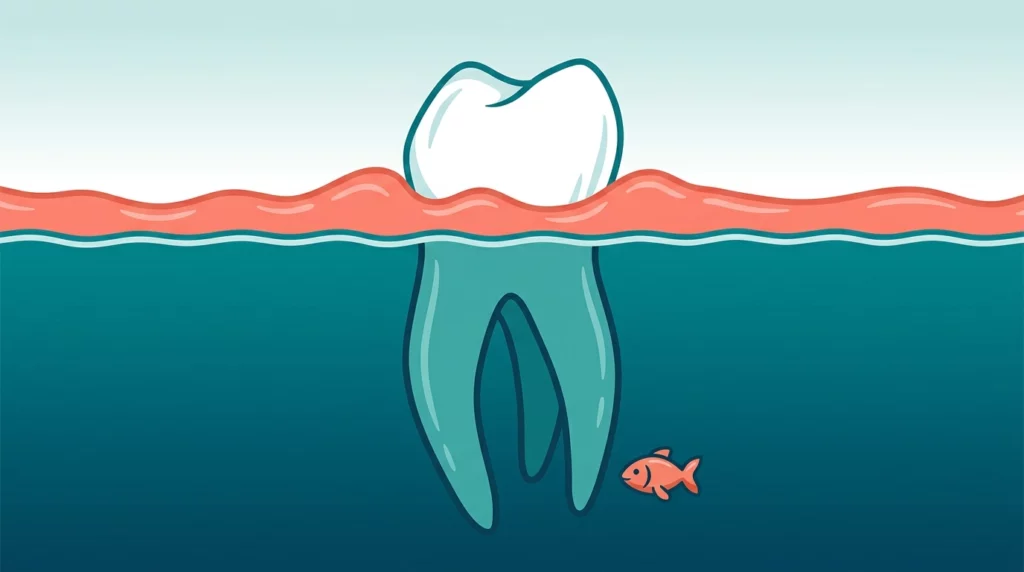 A playful diagram showing a dog's tooth as an iceberg, with the massive root system hidden deep below the pink gumline.