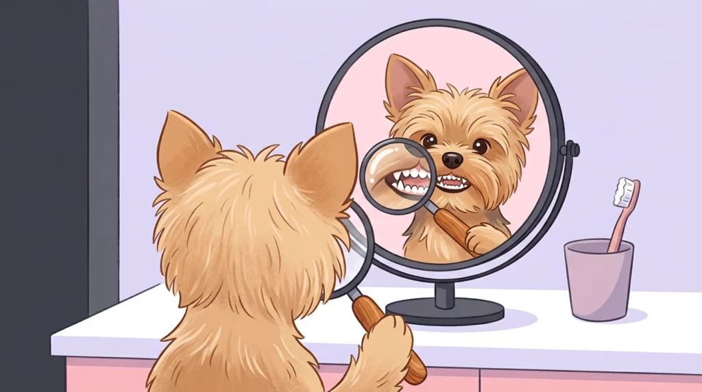 A playful illustration of a small Yorkshire Terrier looking in a mirror with a magnifying glass to examine its crowded teeth.