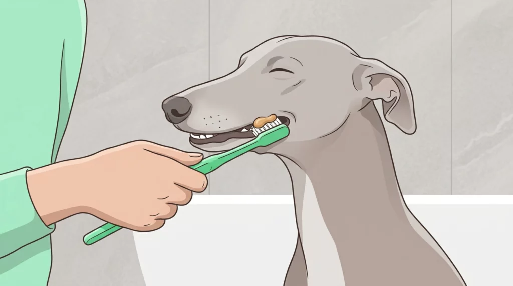A positive illustration of a calm greyhound having its teeth brushed with a green double-sided dog toothbrush.