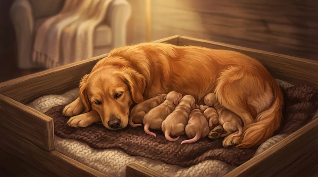 A warm storybook illustration of a mother dog resting peacefully with her newborn puppies huddled together.