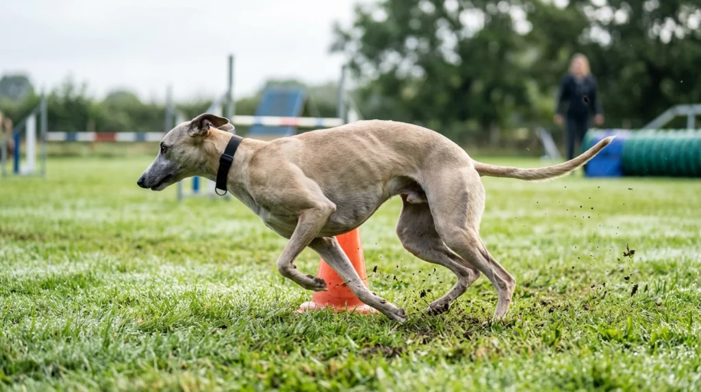 An athletic Whippet making a sharp turn on a grassy field, using its long tail as a rudder for balance.