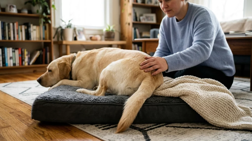 A yellow Labrador resting on its bed while its owner gently pets its back, highlighting tail recovery.