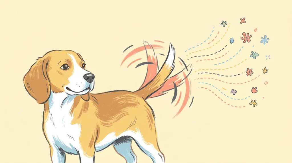 A playful illustration of a Beagle wagging its tail, showing stylized air currents spreading scent molecules into the air.
