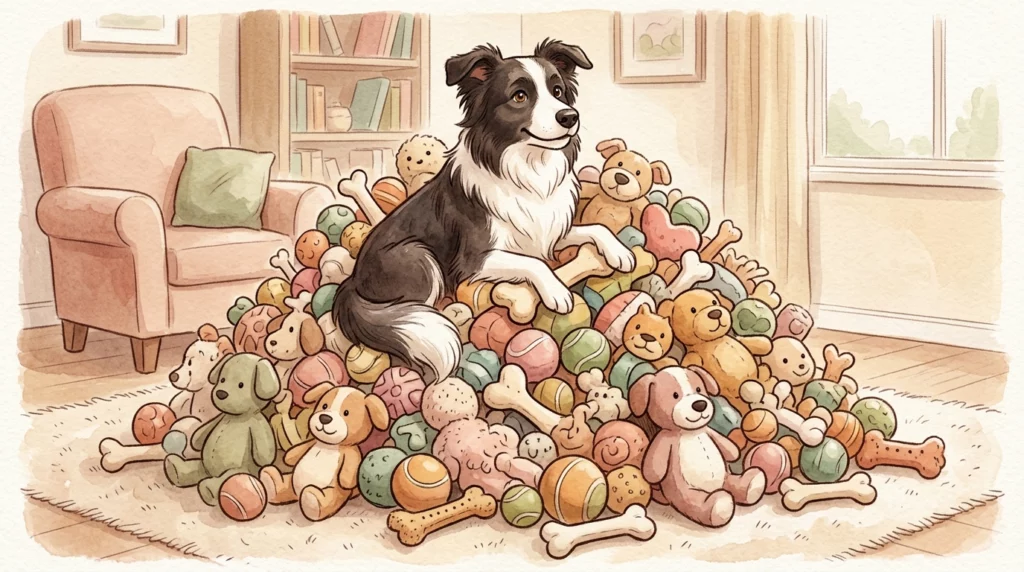 A warm storybook illustration of a Border Collie sitting happily surrounded by a massive pile of distinct toys.