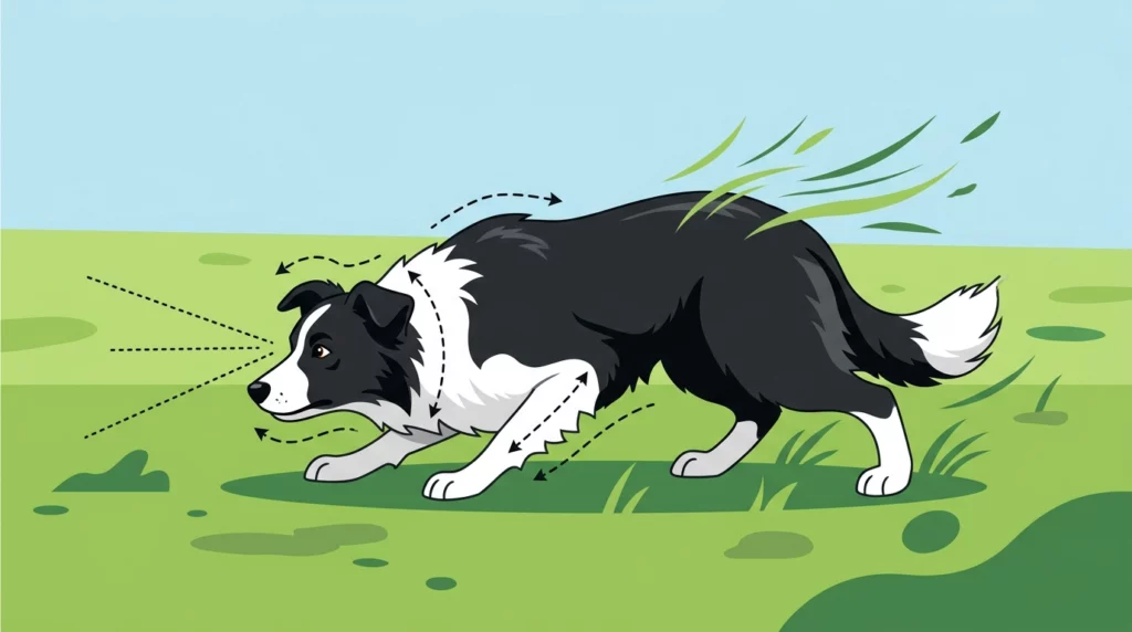 A playful editorial illustration mapping out the unique low-slung, creeping crouch walk of a herding Border Collie.