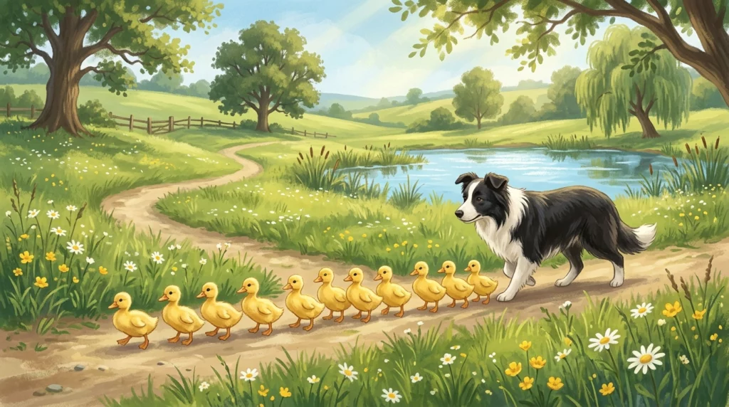 A charming storybook-style illustration of a Border Collie herding a neat line of yellow ducklings across a field.