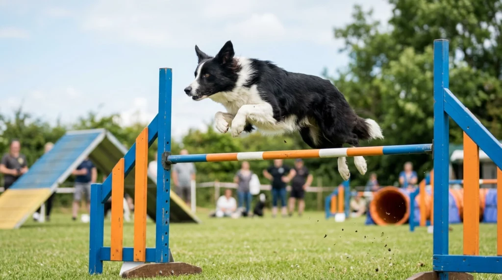 A dramatic action shot of a Border Collie soaring over a hurdle on an outdoor agility course.