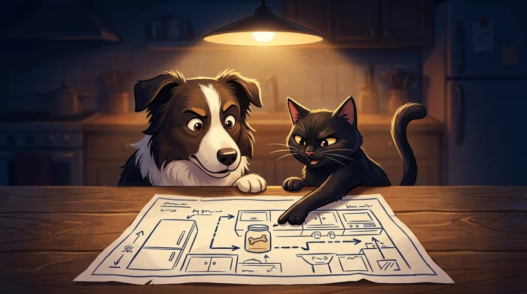 A playful illustration of a cat and a Border Collie plotting a kitchen pantry raid over a blueprint.