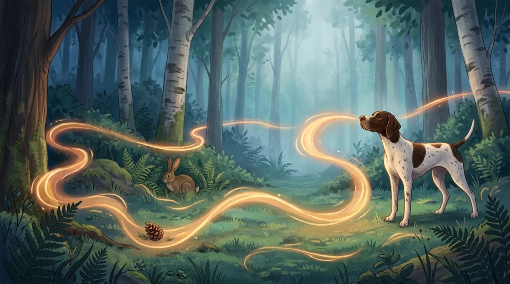 Charming storybook illustration of a Pointer dog sniffing the air in a twilight forest, with a glowing amber trail of scent mapping out hidden woodland details.