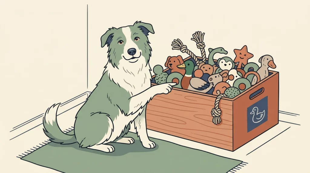 Playful illustration of an intelligent sheepdog proudly pointing its paw at a specific plush duck toy from a large, organized toy box.