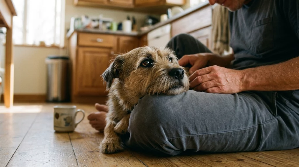 Documentary lifestyle photograph of a scruffy terrier mix resting its chin on a sitting person's knee in a sunlit kitchen, demonstrating empathy.