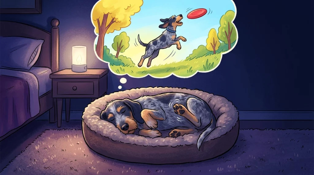 Playful illustration of a sleeping Griffon Bleu Gascogne dog dreaming of catching a red frisbee in a sunny park.