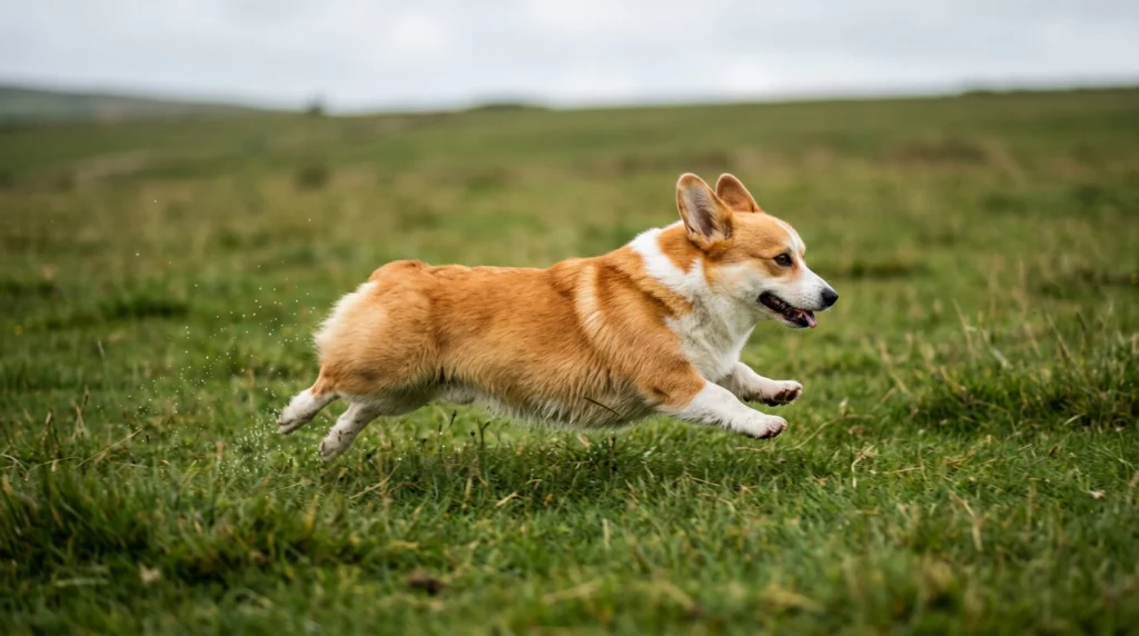 A Corgi running fast across a green field with all four paws off the ground.