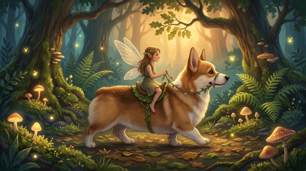 A whimsical storybook illustration of a tiny woodland fairy riding on the back of a Corgi through an enchanted forest.