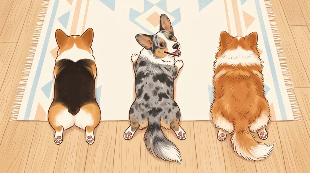 A top-down playful illustration of three Corgis flat on their bellies in a classic 'sploot' position.