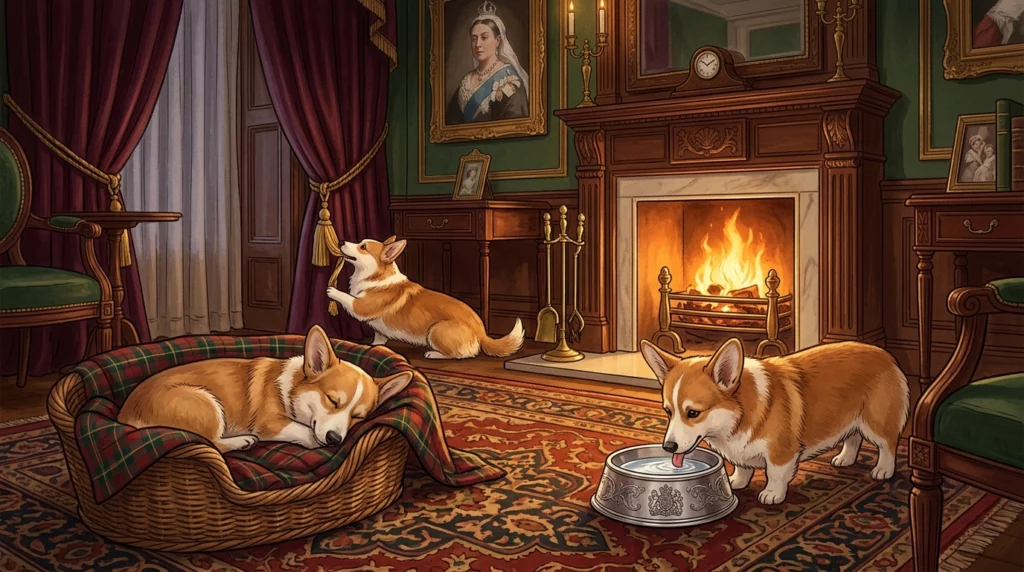 A charming storybook illustration of royal Corgis relaxing in a luxurious palace drawing room.