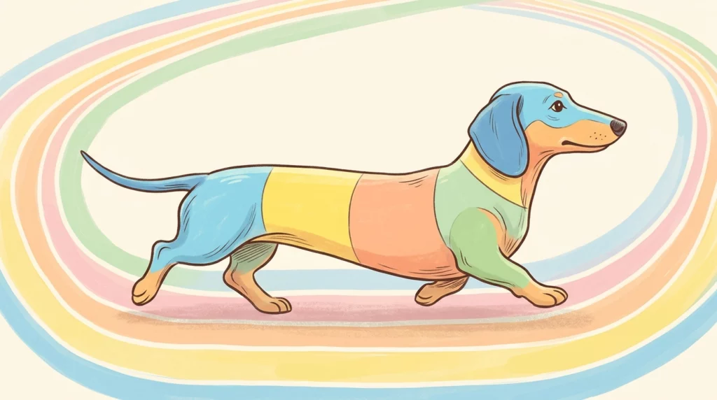 A warm storybook illustration of a colorful, stylized Dachshund mascot trotting along a track.