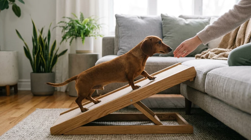 A documentary photo of a red Dachshund safely using a wooden ramp to climb onto a living room couch.