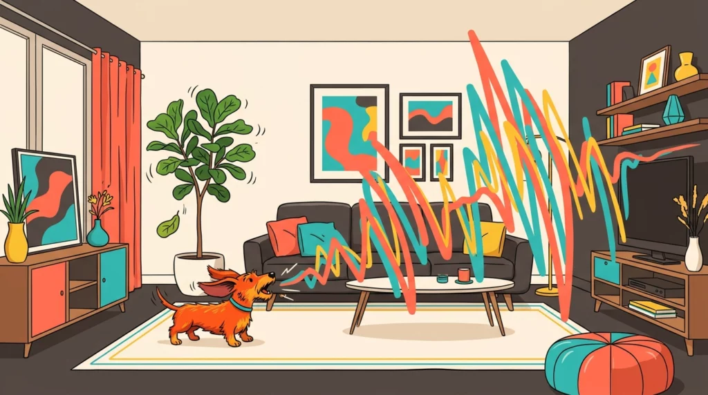 A playful illustration of a tiny Dachshund barking so loudly that stylized soundwaves shake a nearby houseplant.