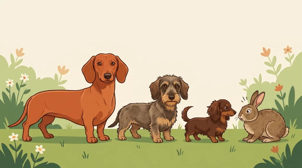 A playful comparative illustration of three different sizes of Dachshunds, with the smallest sitting next to a garden rabbit.