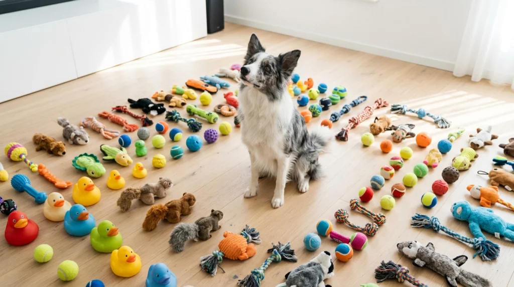A blue merle Border Collie sitting calmly in the middle of a room filled with dozens of different, colorful dog toys.