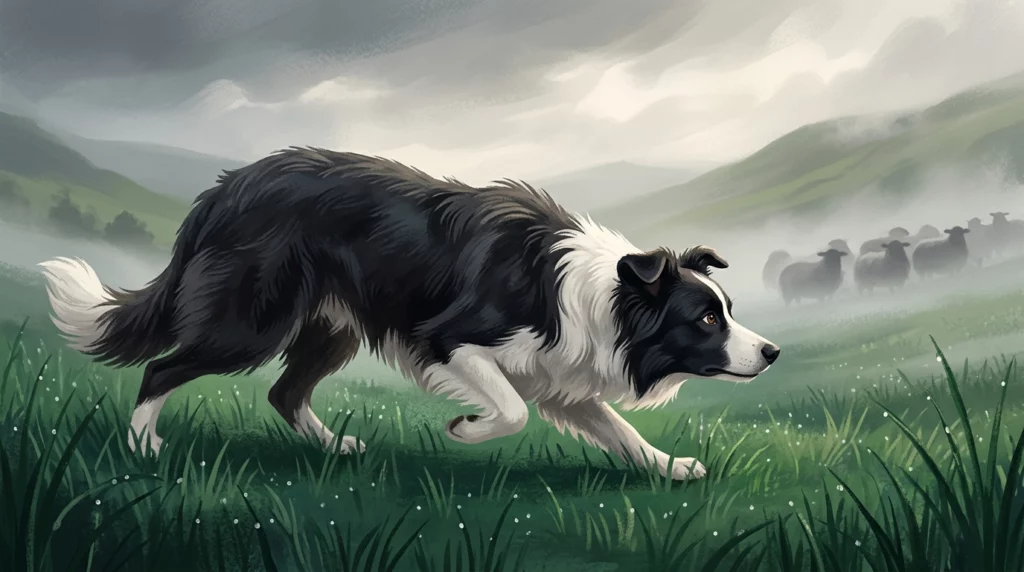 A storybook-style illustration of a Border Collie crouched low in a misty green field, intensely focusing its gaze.