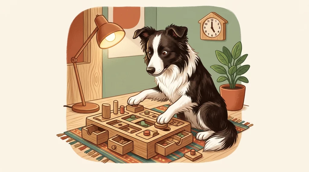 A playful illustration of a Border Collie intensely focused on solving a complex wooden dog puzzle toy at a tiny desk.