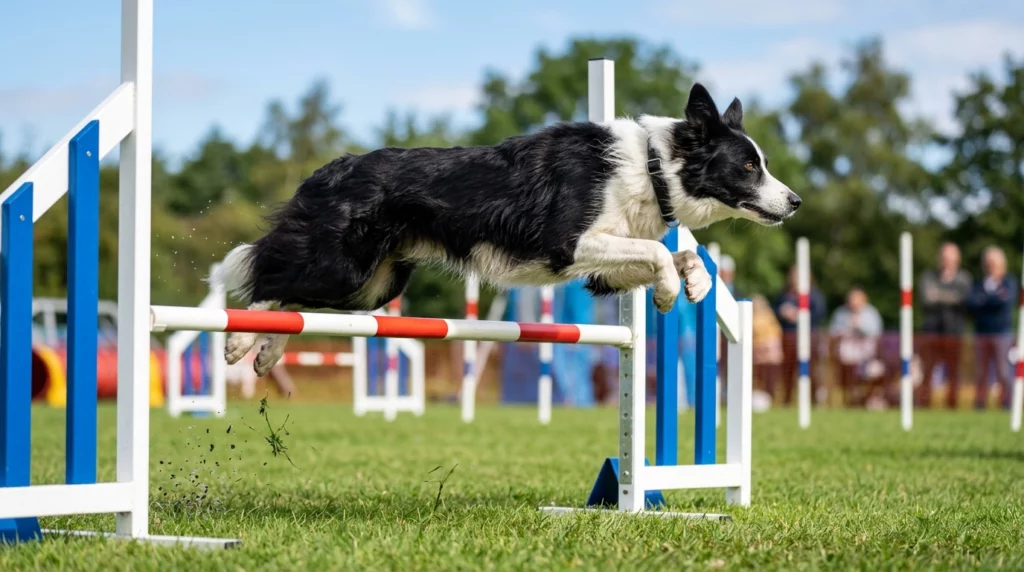 A Border Collie frozen in mid-air as it leaps over an agility jump bar on a sunny day.