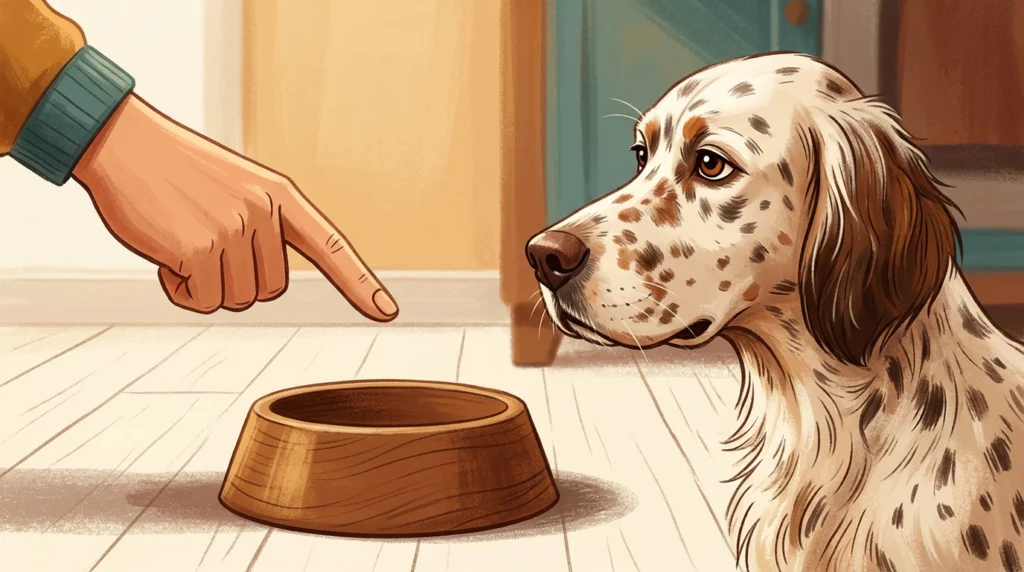 Storybook illustration of an English Setter looking at an empty bowl pointed out by a human hand.