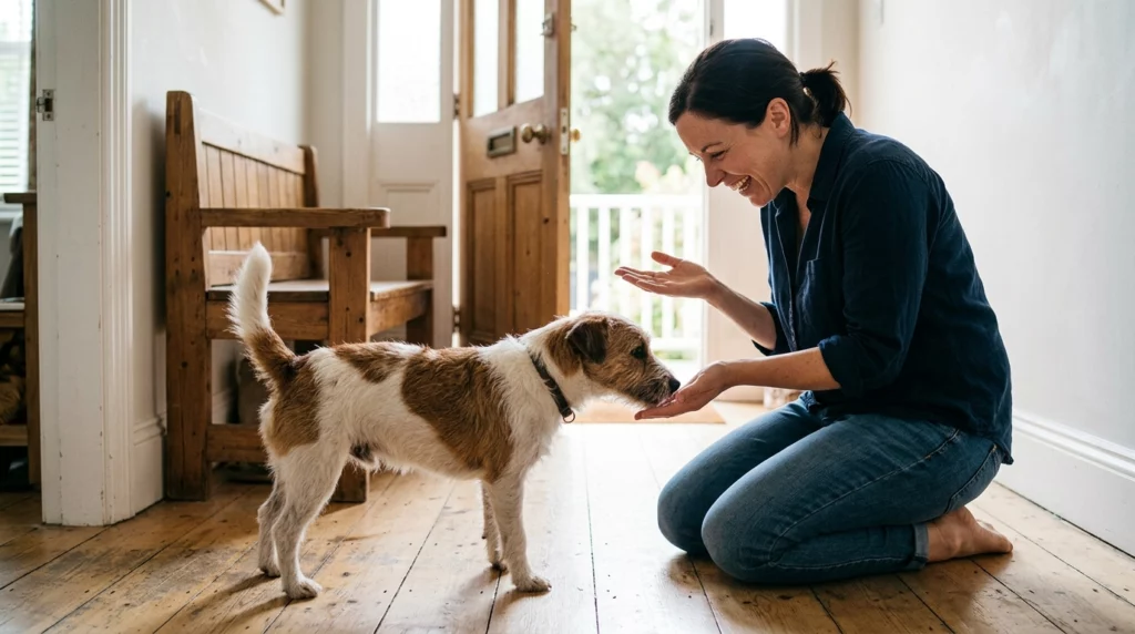 Candid photo of a woman laughing as her small dog inspects her hands for hidden treats.