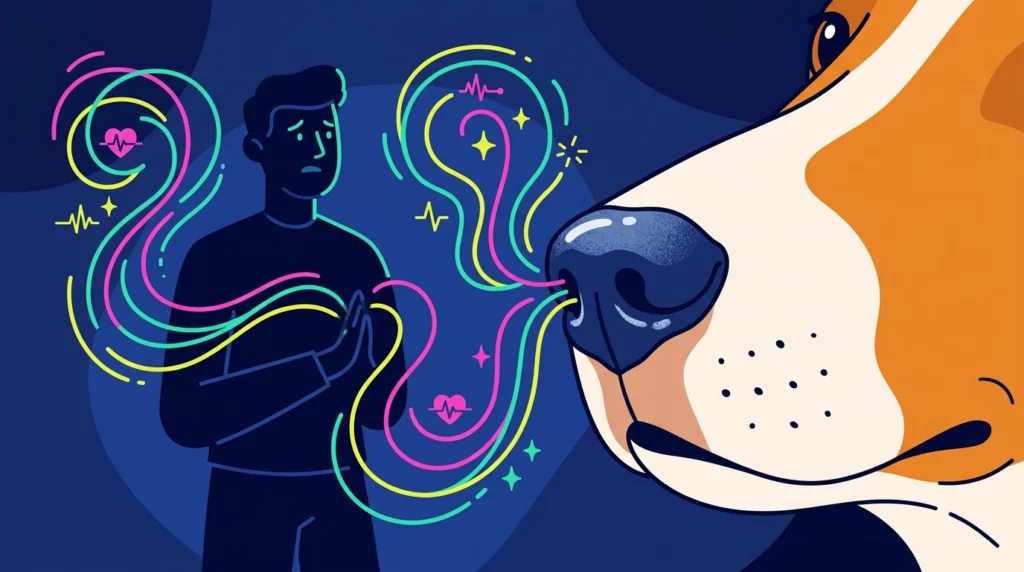 Graphic illustration of a dog's nose sniffing colorful scent waves representing human adrenaline.