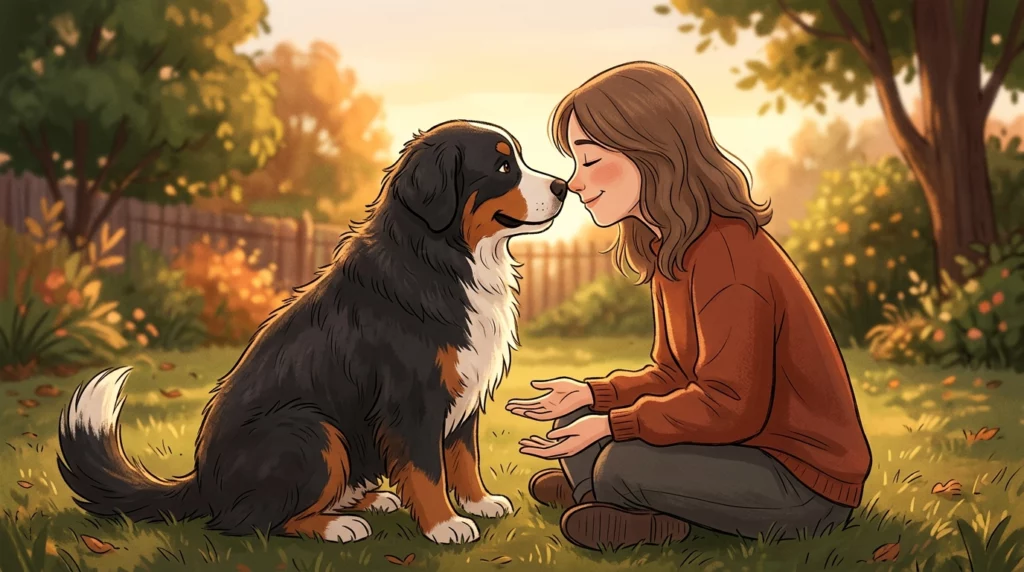 Warm illustration of a person and a Bernese Mountain Dog sharing a gentle nose-touch in a sunny yard.