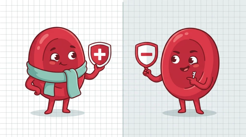 Graphic editorial illustration comparing two cute, stylized red blood cells holding positive and negative shields to explain dog blood types.
