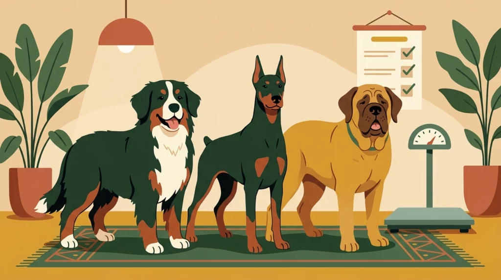 Illustration of three large, healthy dogs standing proudly in a warm, welcoming clinic lobby to show who qualifies for donation.