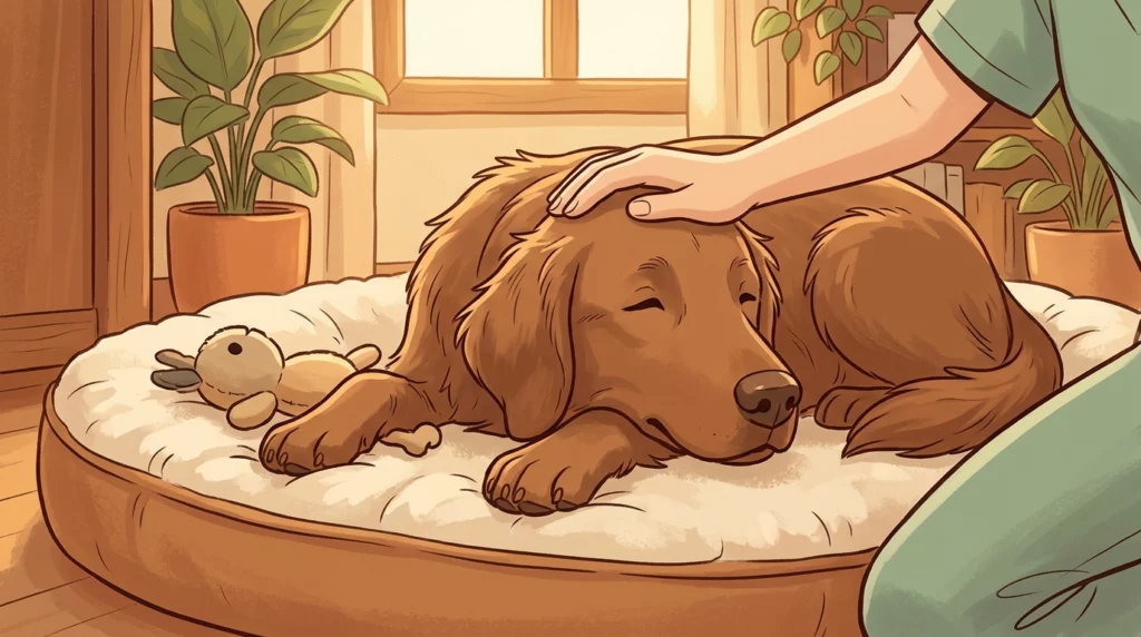 Warm storybook-style illustration of a relaxed dog resting comfortably on a plush bed while being gently pet during a donation session.