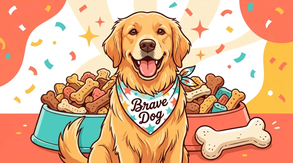Playful illustration of a happy dog wearing a colorful bandana, surrounded by treats and toys as post-donation perks.