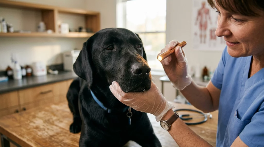 A close-up documentary photograph of a veterinarian gently inspecting the detailed ridges of a dog's wet nose.