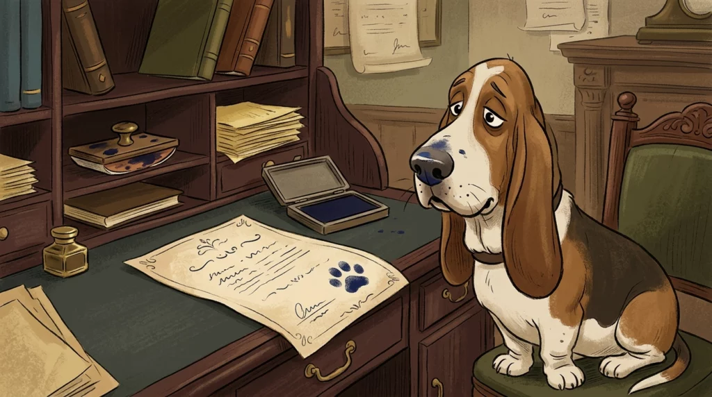 A whimsical illustration of a Basset Hound with an ink-smeared nose next to a vintage ink-stamped registration form.
