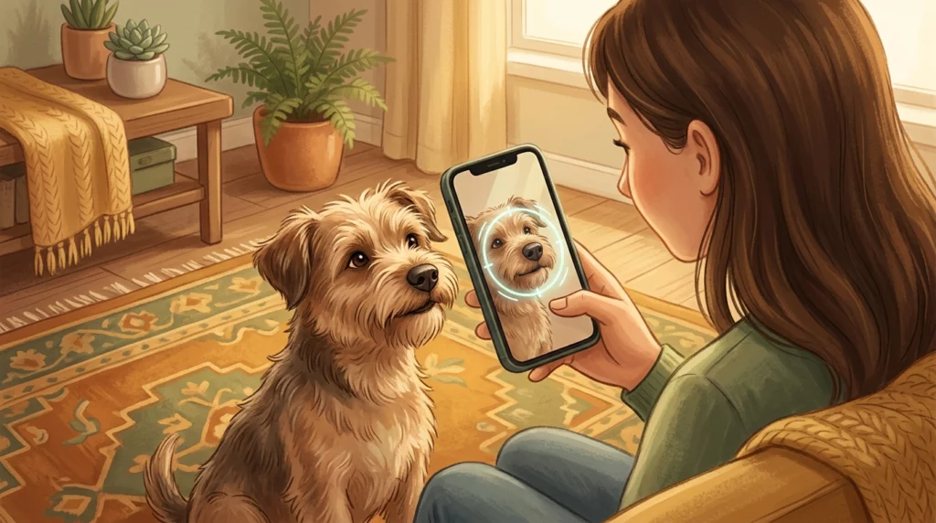 A heartwarming storybook illustration of a dog owner using a smartphone app to scan her dog's unique nose print.
