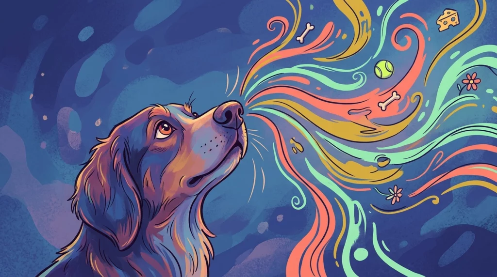 A whimsical editorial illustration of a dog happily sniffing the air as colorful scent trails of cheese and toys swirl into its nose.