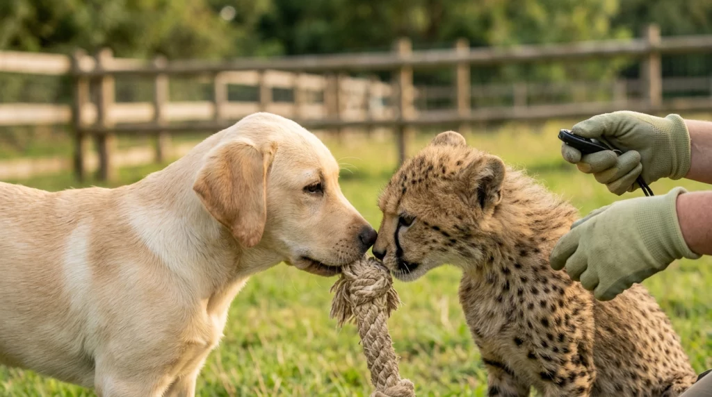 A golden Labrador puppy and a young cheetah cub curiously sniffing a rope toy together in a grassy yard.