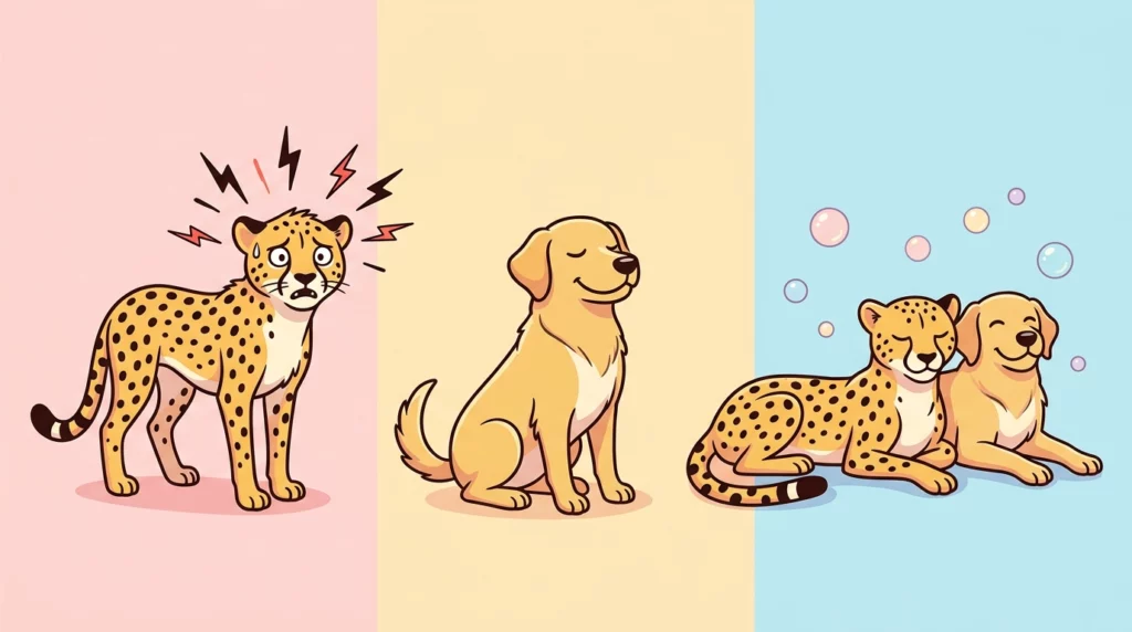 A simple graphic illustration demonstrating 'social buffering' showing a nervous cheetah turning calm when paired with a happy dog.